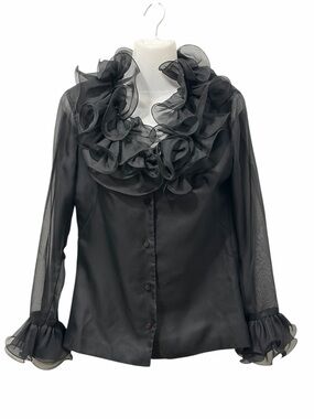 Vintage 90s Elite Black Ruffle Blouse – Sheer Sleeves – Dramatic Romantic Top